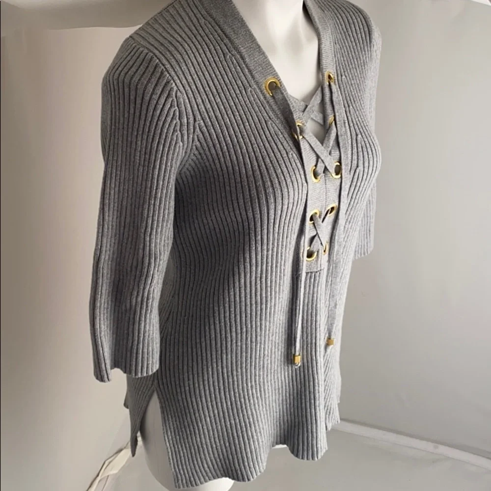 Michael Kors gray lace up ribbed three quarter sleeve sweater